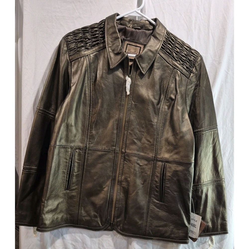 Women's Leather Excelled Collection Zip Jacket metallic bronze belt strap Size L